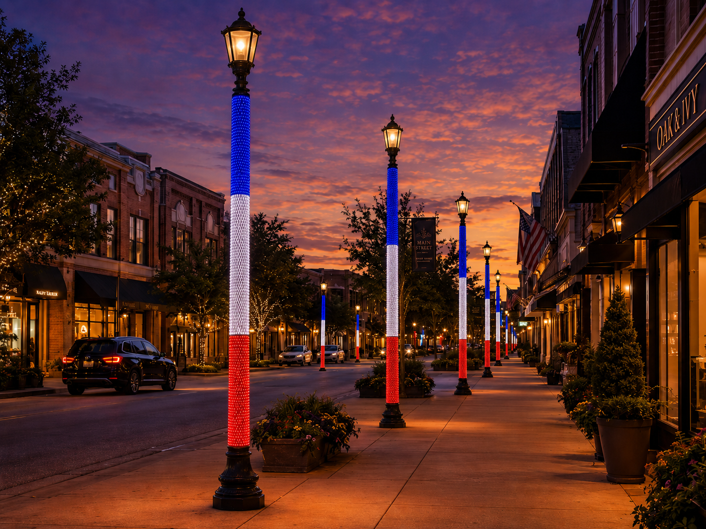 Main Street patriotic pole lighting with Palms & Poles™