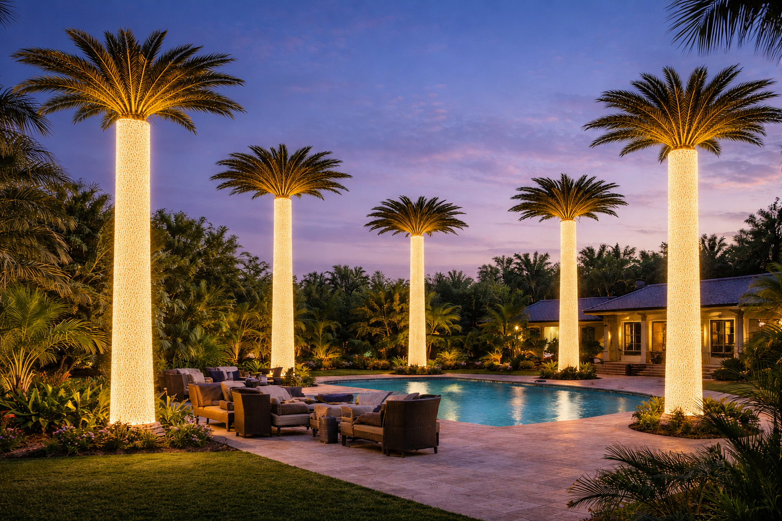 Luxury estate with five illuminated palm trees — Palms & Poles