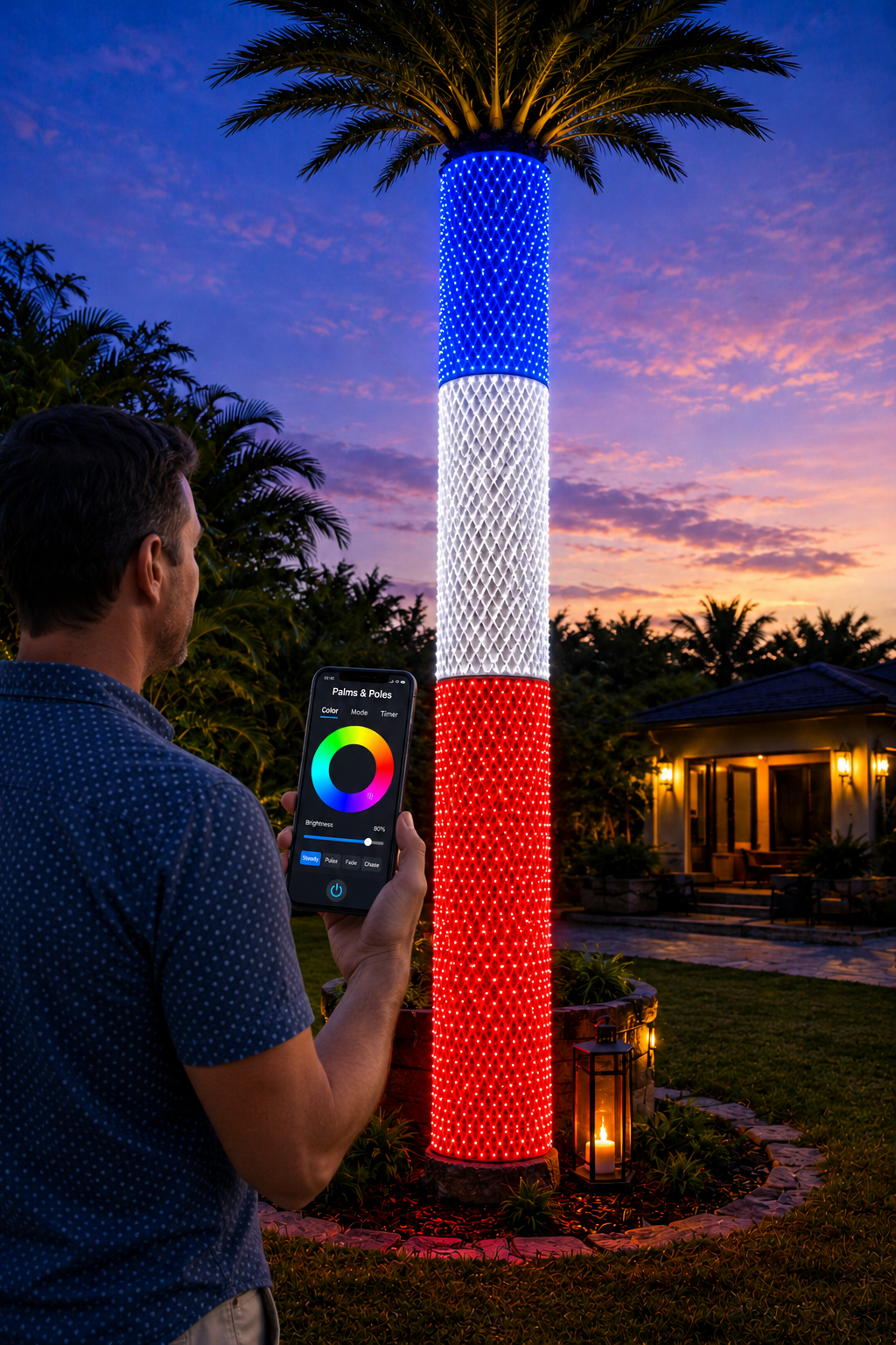 Person using the Palms & Poles™ smartphone app to change the color of an illuminated palm tree showing red, white and blue LED panels at dusk