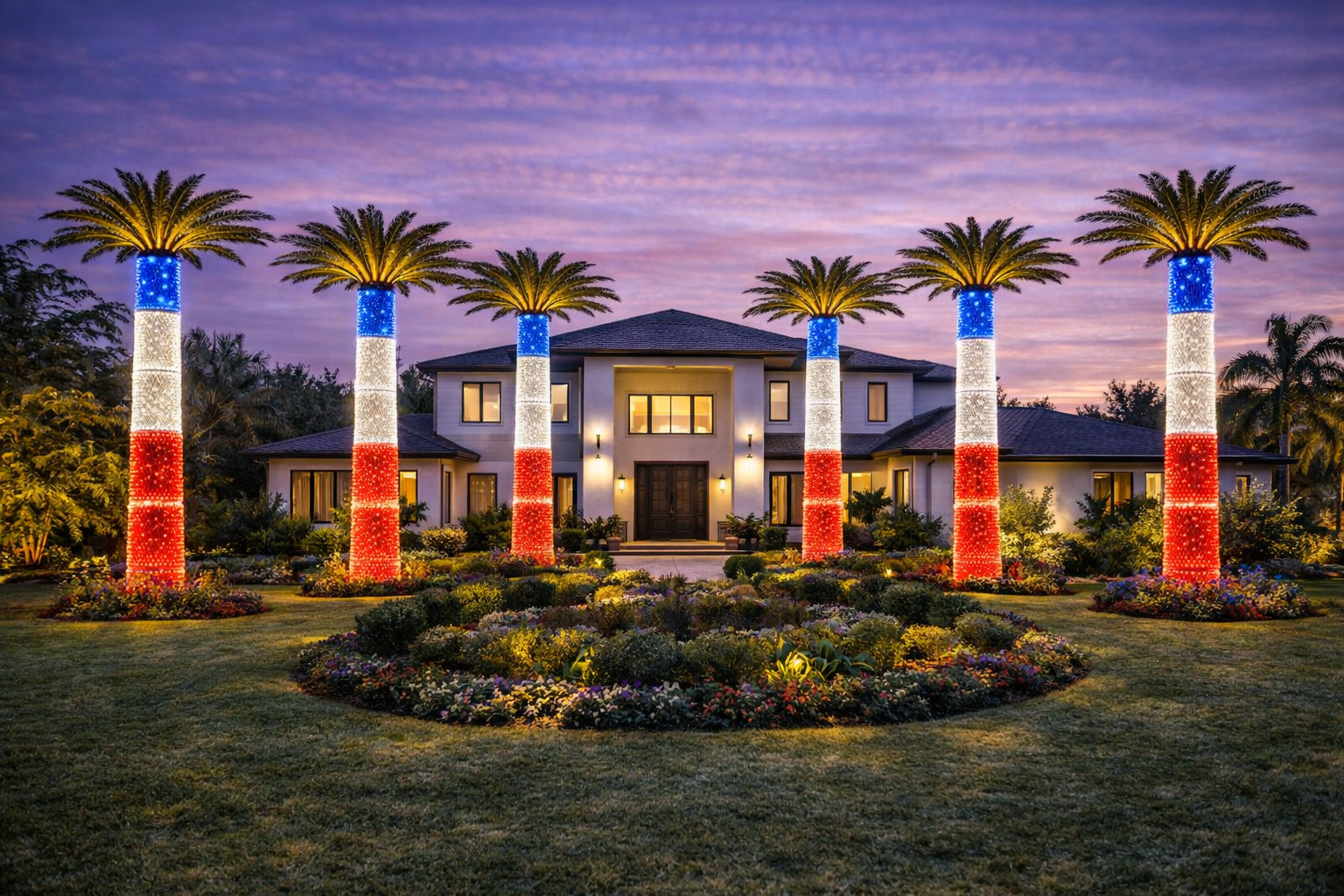 Luxury residential estate with five warm-white illuminated palm trees