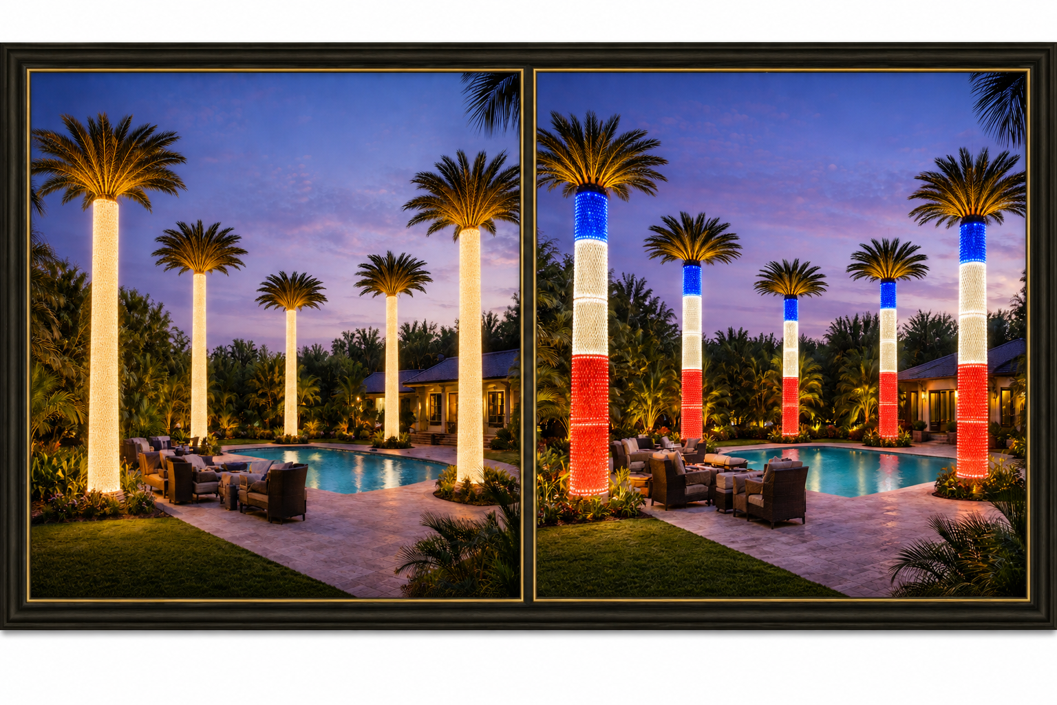 Resort pool with Palms & Poles™ lighting — warm white and patriotic modes