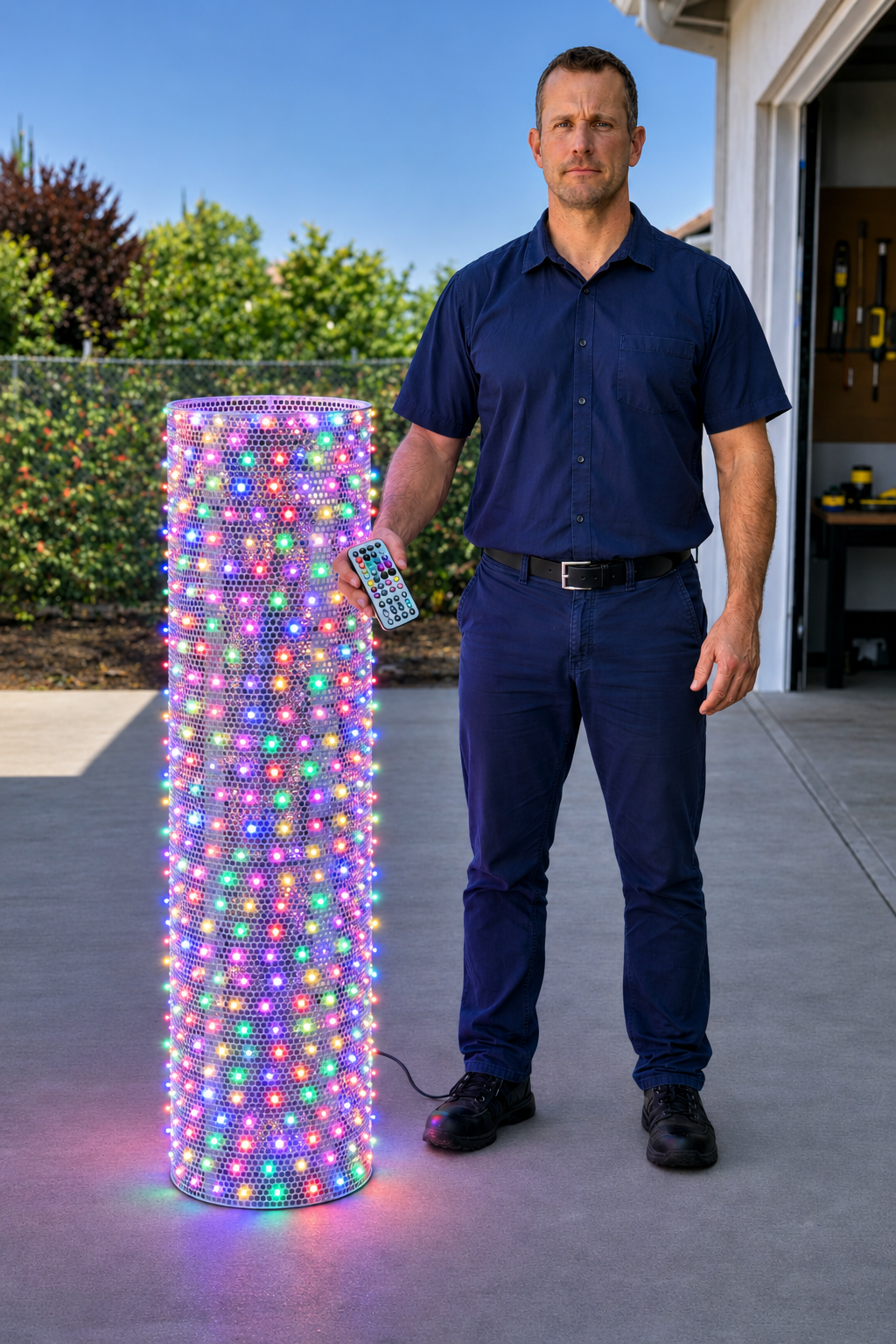 LED lighting panel rolled into a cylinder showing full RGB multicolor mode glowing with vibrant colors