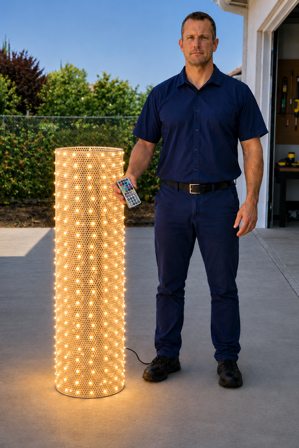 LED lighting panel rolled into a cylinder shape showing its flexibility with warm white LEDs glowing