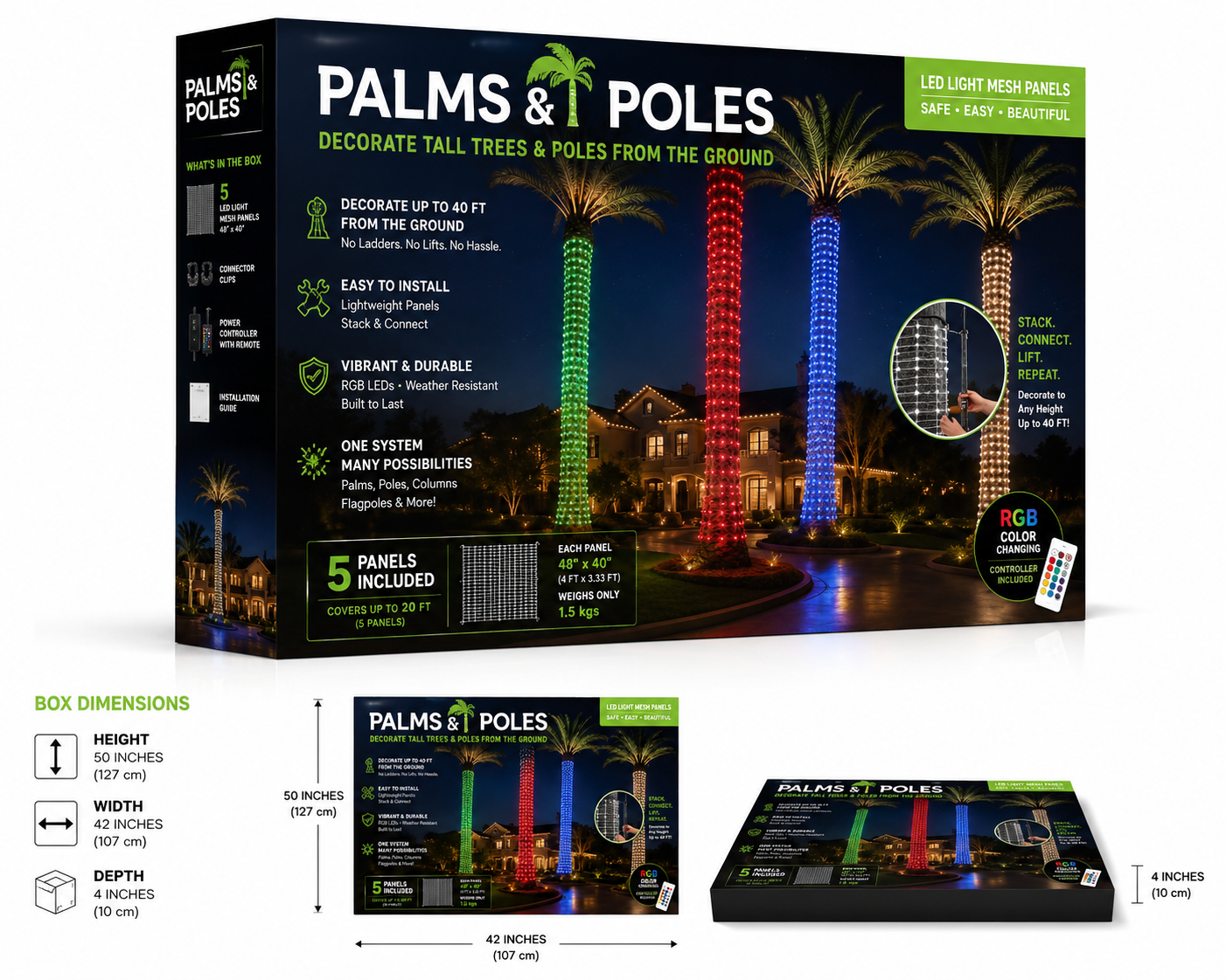 Palms & Poles™ product packaging showing three box sizes with dimensions